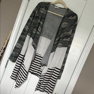 Camo and Striped Open Front Shark Bite Cardigan
